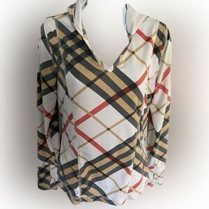 San Soleil UPF 50 Hoody Top - M white /tan plaid , polyester spandex, ho…